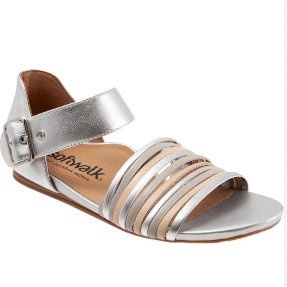 SoftWalk Cori Women’s Metallic Silver Leather Ankle Strap Footbed Sandals Sz 7N - Picture 1 of 13